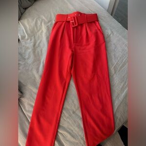 High Waisted Belted Red Trousers